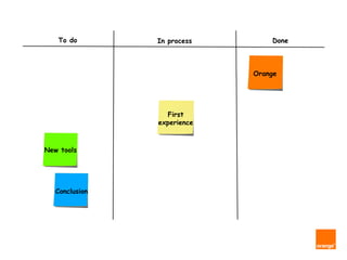 To do        In process       Done



                             Orange




                  First
                experience



New tools




   Conclusion
 