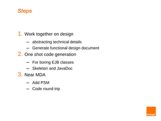 Steps



1.   Work together on design
     –   abstracting technical details
     –   Generate functional design document
2.   One shot code generation
     –   For boring EJB classes
     –   Skeleton and JavaDoc
3.   Near MDA
     –   Add PSM
     –   Code round trip
 