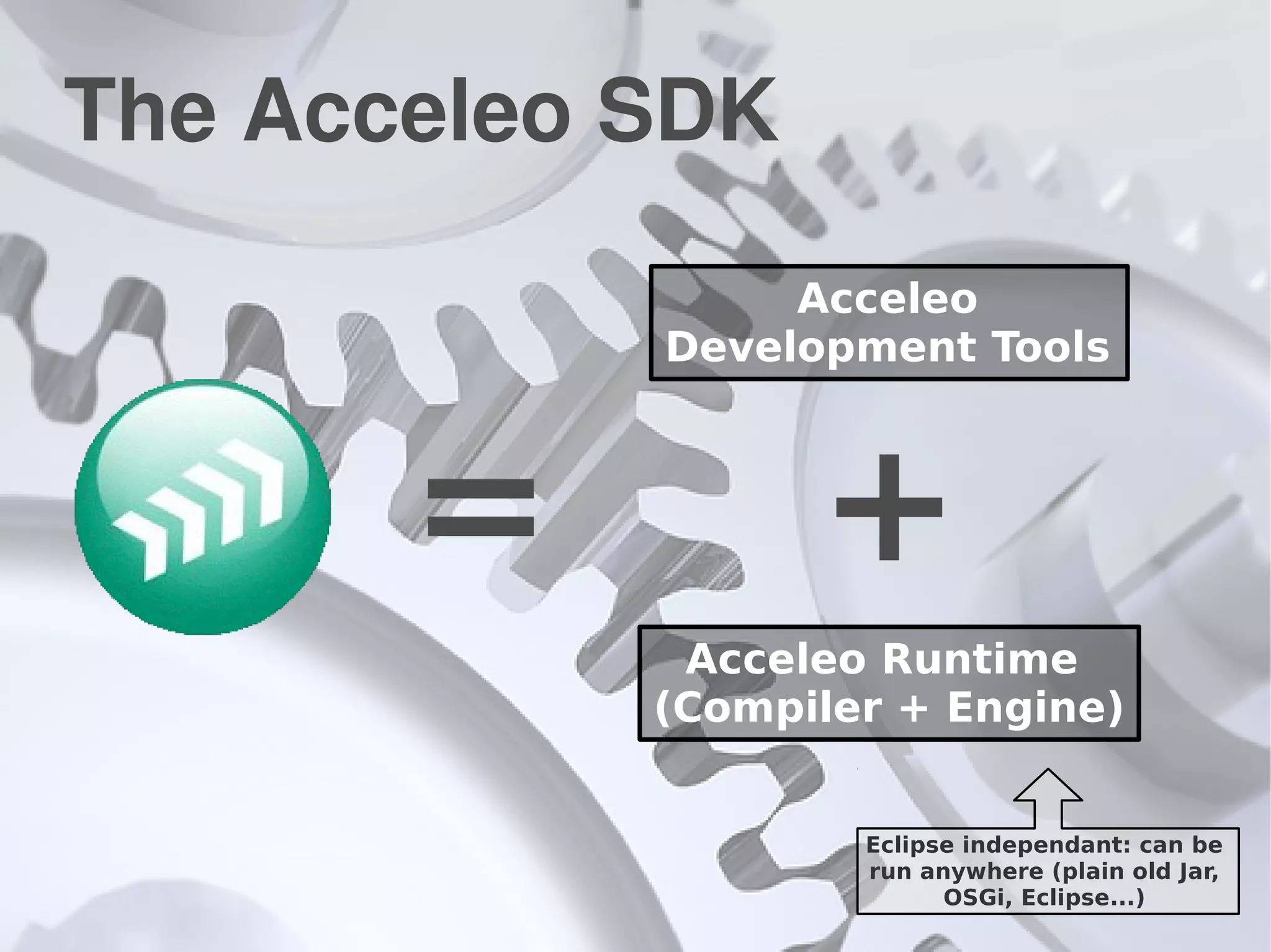 The Acceleo SDK
Acceleo Runtime
(Compiler + Engine)
Acceleo
Development Tools
+=
Eclipse independant: can be
run anywhere (plain old Jar,
OSGi, Eclipse...)
 