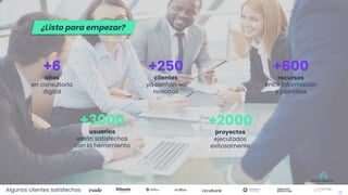+6
años
en consultoría
digital
+3000
usuarios
están satisfechos
con la herramienta
+600
recursos
entre información
y plantillas
+250
clientes
ya confian en
nosotros
+2000
proyectos
ejecutados
exitosamente
Algunos clientes satisfechos 12
¿Listo para empezar?
 