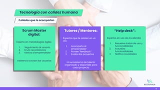 Scrum Master
digital:
Experto en metodologías ágiles
1. Seguimiento al usuario
2. Envía recordatorios
3. Motiva al emprendedor
Asistencia a todos los usuarios
Tutores / Mentores:
Expertos que te asisten en un
clic
1. Acompaña al
emprendedor
2. Provee “feedback”
3. Evalúa los proyectos
Un ecosistema de talento
organizado y disponible para
cada proyecto
“Help desk”:
Expertos en uso de Acceleralia
1. Resuelve dudas de uso y
funcionalidades
2. Actualiza
funcionalidades
3. Notifica novedades
3 aliados que te acompañan
8
Tecnología con calidez humana
 