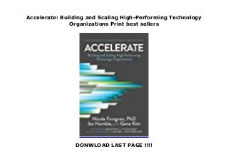 Accelerate: Building and Scaling High-Performing Technology
Organizations Print best sellers
DONWLOAD LAST PAGE !!!!
Download now: https://nangdanangsip.blogspot.com/?book=1942788339 Does technology actually matter? And how can we apply technology to drive business value? For years, we've been told that the performance of software delivery teams doesn't matter--that it can't provide a competitive advantage to our companies. Through four years of groundbreaking research, Dr. Nicole Forsgren, Jez Humble, and Gene Kim set out to find a way to measure software delivery performance--and what drives it--using rigorous statistical methods. This book presents both the findings and the science behind that research. Readers will discover how to measure the performance of their teams, and what capabilities they should invest in to drive higher performance. #ebook #full #read #pdf #online #kindle #epub #mobi #book #free
 