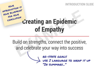EXAMPLECreating an Epidemic
of Empathy
Build on strengths, connect the positive,
and celebrate your way into success
INTRODUCTION SLIDE
 