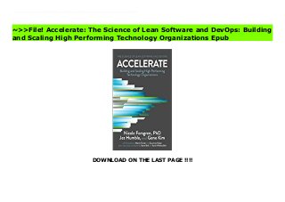 DOWNLOAD ON THE LAST PAGE !!!!
How can we apply technology to drive business value? For years, we've been told that the performance of software delivery teams doesn't matter?that it can't provide a competitive advantage to our companies. Through four years of groundbreaking research to include data collected from the State of DevOps reports conducted with Puppet, Dr. Nicole Forsgren, Jez Humble, and Gene Kim set out to find a way to measure software delivery performance?and what drives it?using rigorous statistical methods. This book presents both the findings and the science behind that research, making the information accessible for readers to apply in their own organizations.Readers will discover how to measure the performance of their teams, and what capabilities they should invest in to drive higher performance. This book is ideal for management at every level. Accelerate: The Science of Lean Software and DevOps: Building and Scaling High Performing Technology Organizations News
~>>File! Accelerate: The Science of Lean Software and DevOps: Building
and Scaling High Performing Technology Organizations Epub
 