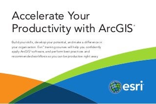 Accelerate Your
Productivity with ArcGIS
®
Build your skills, develop your potential, and make a difference in
your organization. Esri®
training courses will help you confidently
apply ArcGIS®
software, and perform best practices and
recommended workflows so you can be productive right away.
 