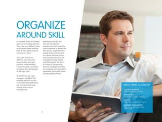4
SKILLS—WHAT TO LOOK FOR
LEAD QUALIFICATION
Listening, gregarious, curious
PROSPECTING
Improvisation, curious, listening
CLOSERS
Negotiation, competitive, visionary
ACCOUNT MANAGEMENT
Consultative, process oriented, 		
collaborative
In baseball, there are starting
pitchers and closing pitchers.
They have very different roles
on the team based on what
they do best, all focused on
winning as a team.
Your sales team is no
different. To create new
opportunities and sales
pipeline, understanding
everyone’s skills is essential
to playing the right people,
at the right time.
At salesforce.com, sales
managers identified four
essential areas to success:
in-bound lead qualification,
out-bound prospecting,
closing, and account
management.
Identifying roles by skill
sets has also allowed
salesforce.com to create the
right incentives to deliver the
best results. So people who
qualify leads are rewarded
on volume whereas closers
and account executives are
rewarded on total dollars
sold. Meanwhile, the team
in charge of prospecting,
business development reps,
are rewarded on the pipeline
generated (total dollar value
of sales opportunities).
ORGANIZE
AROUND SKILL
 