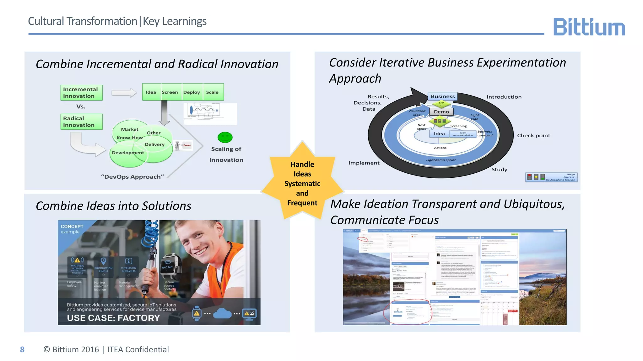 Cultural Transformation|Key Learnings
© Bittium 2016 | ITEA Confidential
Combine Incremental and Radical Innovation Consider Iterative Business Experimentation
Approach
Combine Ideas into Solutions Make Ideation Transparent and Ubiquitous,
Communicate Focus
Handle
Ideas
Systematic
and
Frequent
8
 