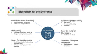 16
Blockchain for the Enterprise
Performance and Scalability
• Support billions of transactions
• Ledger lives and grows forever
Immutability
• Committed transactions cannot be
changed even by malicious parties
Smart Contract Language
• Simplified abstraction for developing
Blockchain apps
• Enhanced security by generating
safe code
Enterprise-grade Security
• User privacy
• Contract confidentiality
• Auditability
Easy On-ramp for
Developers
• DevOps in the cloud
Seamless Enterprise
Integration
• WebSphere and z Systems
connectors
 