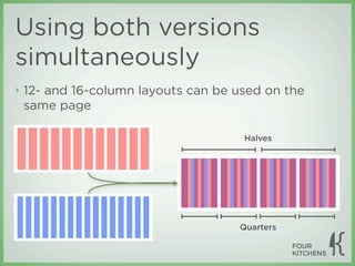 Using both versions
simultaneously
‣   12- and 16-column layouts can be used on the
    same page

                                      Halves




                                     Quarters
 