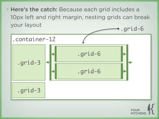 ‣   Here’s the catch: Because each grid includes a
    10px left and right margin, nesting grids can break
    your layout
                                             .grid-6
    .container-12

                            .grid-6
      .grid-3
                            .grid-6


      .grid-3
 