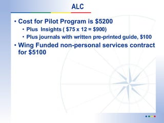 Cost for Pilot Program is $5200 Plus  Insights ( $75 x 12 = $900)  Plus journals with written pre-printed guide, $100   Wing Funded non-personal services contract for $5100 ALC 