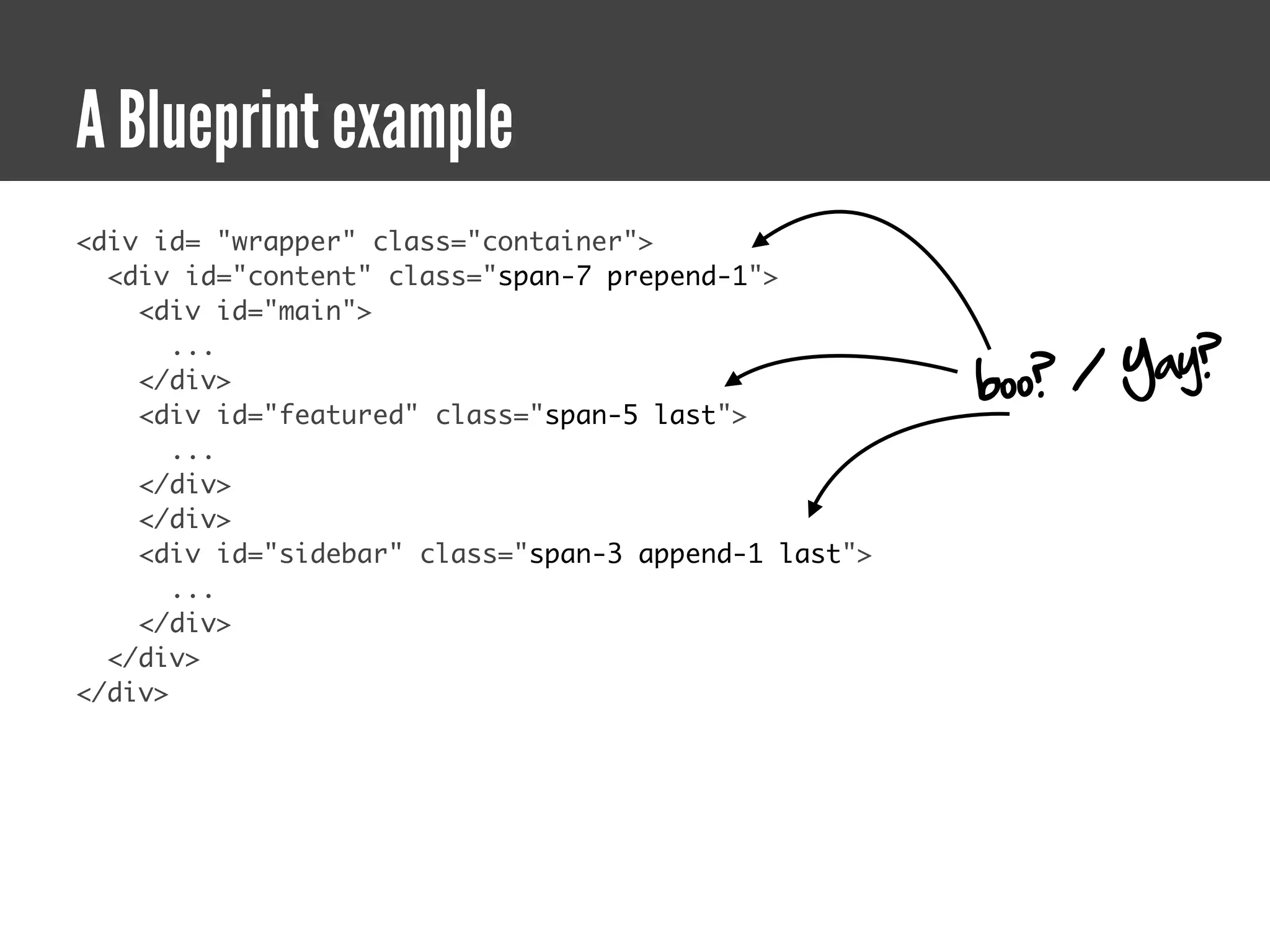 A Blueprint example
<div id= "wrapper" class="container">
  <div id="content" class="span-7 prepend-1">
    <div id="main">

                                                           / Yay?
       ...
    </div>                                            boo?
    <div id="featured" class="span-5 last">
       ...
    </div>
    </div>
    <div id="sidebar" class="span-3 append-1 last">
       ...
    </div>
  </div>
</div>
 