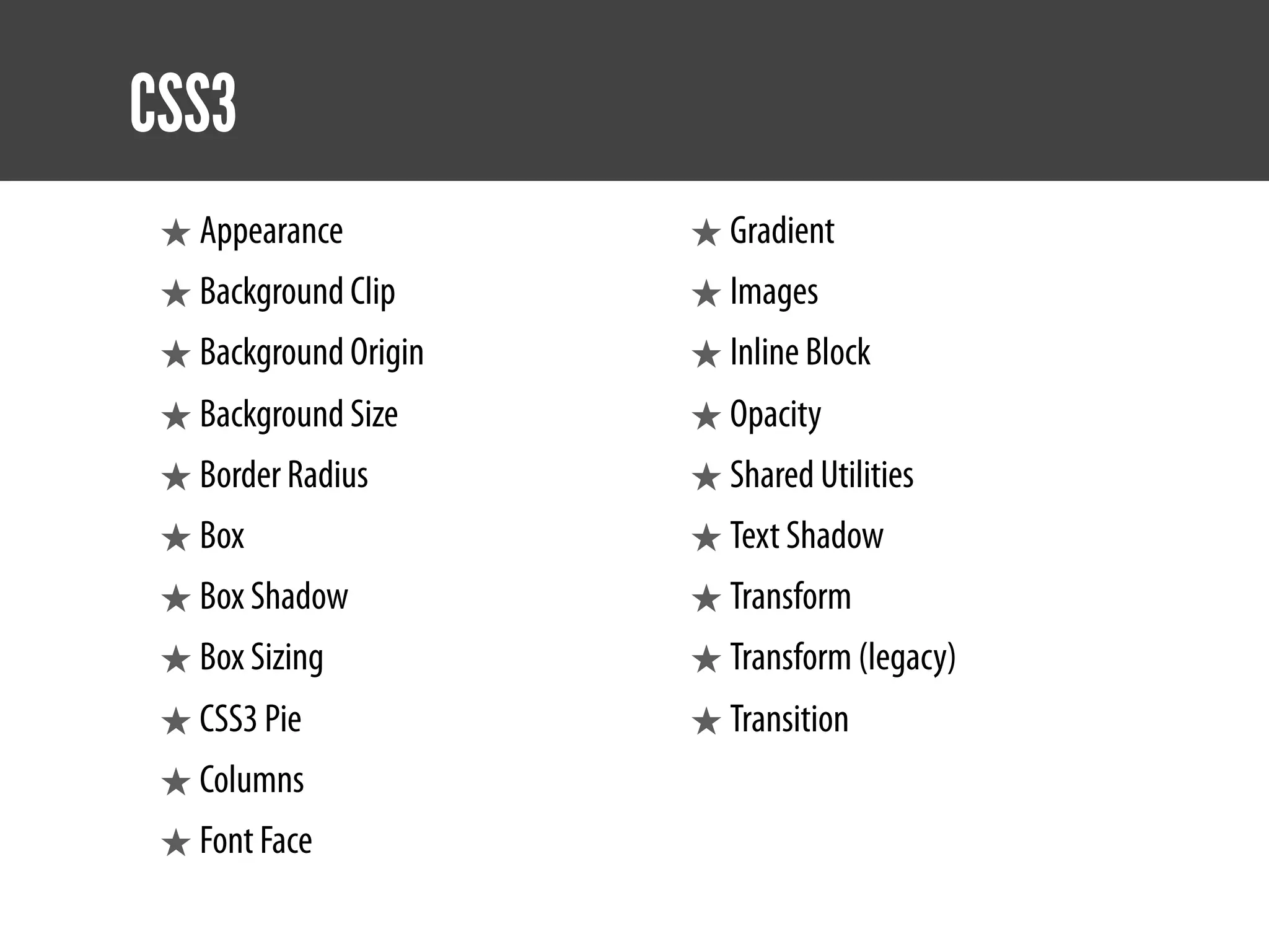 CSS3
 ★ Appearance          ★ Gradient
 ★ Background Clip     ★ Images
 ★ Background Origin   ★ Inline Block
 ★ Background Size     ★ Opacity
 ★ Border Radius       ★ Shared Utilities
 ★ Box                 ★ Text Shadow
 ★ Box Shadow          ★ Transform
 ★ Box Sizing          ★ Transform (legacy)
 ★ CSS3 Pie            ★ Transition
 ★ Columns
 ★ Font Face
 