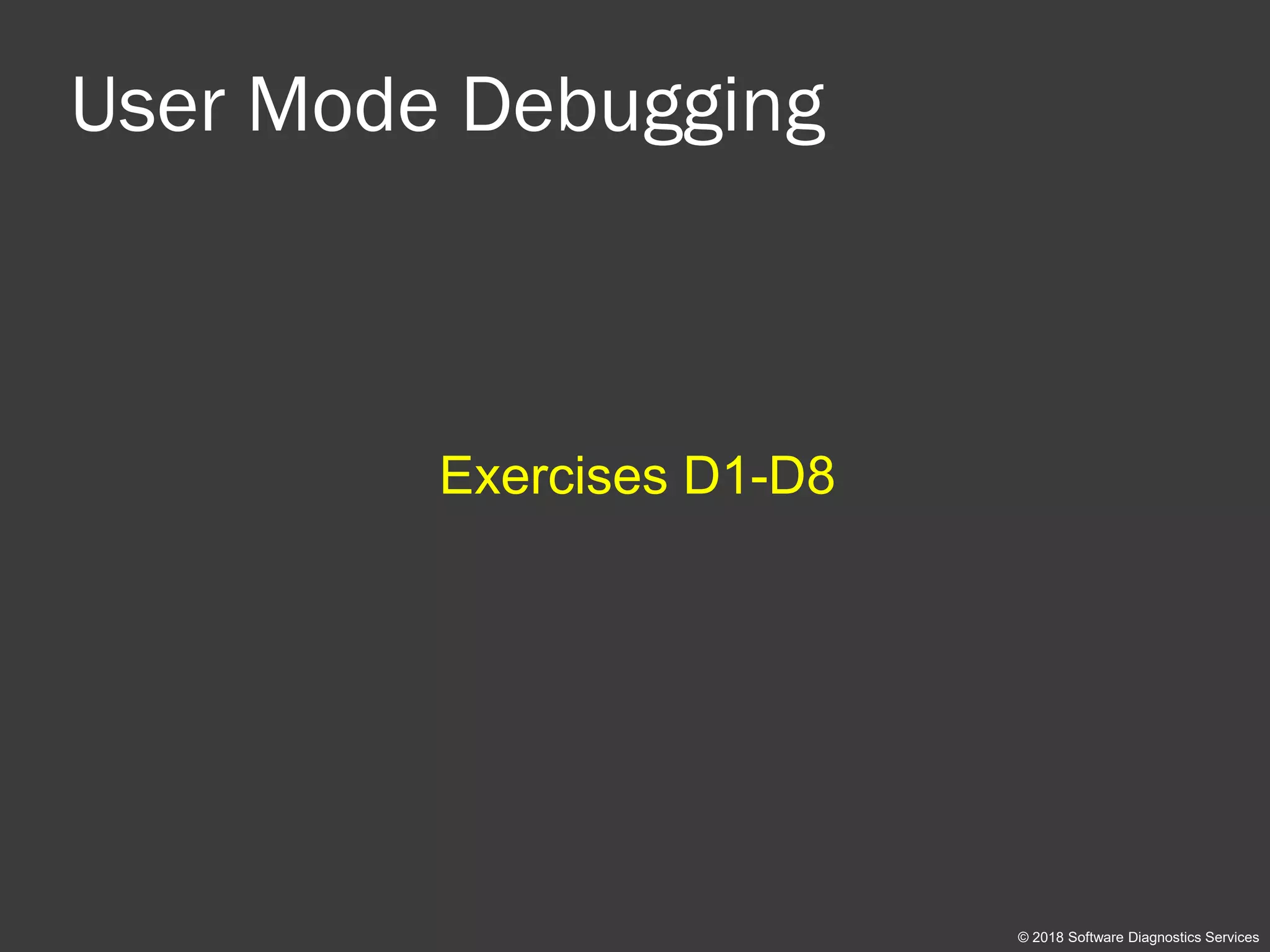 User Mode Debugging
Exercises D1-D8
© 2018 Software Diagnostics Services
 