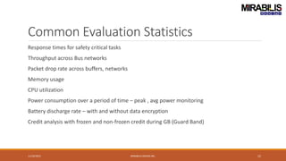 Common Evaluation Statistics
Response times for safety critical tasks
Throughput across Bus networks
Packet drop rate across buffers, networks
Memory usage
CPU utilization
Power consumption over a period of time – peak , avg power monitoring
Battery discharge rate – with and without data encryption
Credit analysis with frozen and non-frozen credit during GB (Guard Band)
11/10/2022 MIRABILIS DESIGN INC. 12
 