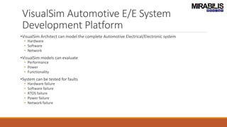 VisualSim Automotive E/E System
Development Platform
•VisualSim Architect can model the complete Automotive Electrical/Electronic system
• Hardware
• Software
• Network
•VisualSim models can evaluate
• Performance
• Power
• Functionality
•System can be tested for faults
• Hardware failure
• Software failure
• RTOS failure
• Power failure
• Network failure
 