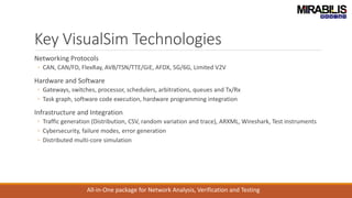 Key VisualSim Technologies
Networking Protocols
◦ CAN, CAN/FD, FlexRay, AVB/TSN/TTE/GiE, AFDX, 5G/6G, Limited V2V
Hardware and Software
◦ Gateways, switches, processor, schedulers, arbitrations, queues and Tx/Rx
◦ Task graph, software code execution, hardware programming integration
Infrastructure and Integration
◦ Traffic generation (Distribution, CSV, random variation and trace), ARXML, Wireshark, Test instruments
◦ Cybersecurity, failure modes, error generation
◦ Distributed multi-core simulation
All-in-One package for Network Analysis, Verification and Testing
 