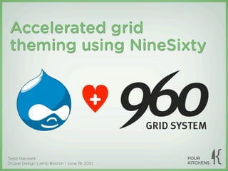 Accelerated grid
 theming using NineSixty


                                      +

Todd Nienkerk
Drupal Design Camp Boston | June 19, 2010
 