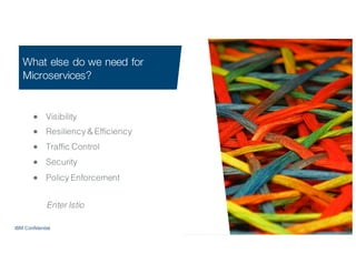 IBM Confidential
What else do we need for
Microservices?
●  Visibility
●  Resiliency & Efficiency
●  Traffic Control
●  Security
●  Policy Enforcement
Enter Istio
 