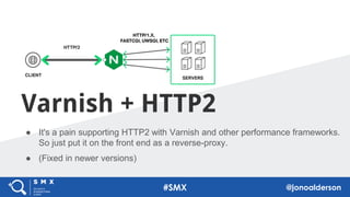 ● It's a pain supporting HTTP2 with Varnish and other performance frameworks.
So just put it on the front end as a reverse-proxy.
● (Fixed in newer versions)
Varnish + HTTP2
51
51
#SMX @jonoalderson
 