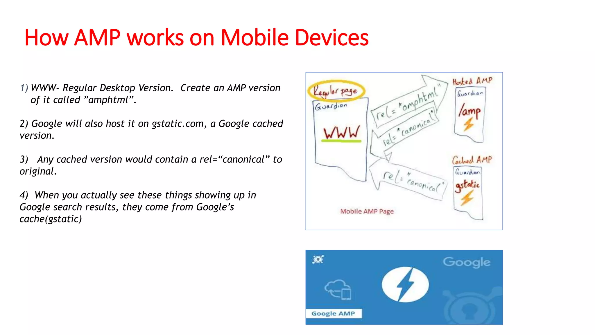 How AMP works on Mobile Devices
1) WWW- Regular Desktop Version. Create an AMP version
of it called ”amphtml”.
2) Google will also host it on gstatic.com, a Google cached
version.
3) Any cached version would contain a rel=“canonical” to
original.
4) When you actually see these things showing up in
Google search results, they come from Google’s
cache(gstatic)
 