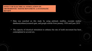 145
EFFECT OF ELECTRICAL STIMULATION ON
ORTHODONTIC TOOTH MOVEMENT: A SYSTEMATIC
REVIEW
• Data was searched on this study by using pubmed, medline, excerpta medica
database(embase),research gate, and google scholar from january, 1950 until june 2019
• The capacity of electrical stimulation to enhance the rate of tooth movement has been
contemplated in several rcts.
 