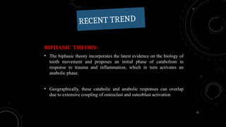 21
RECENT TREND
BIPHASIC THEORY-
• The biphasic theory incorporates the latest evidence on the biology of
tooth movement and proposes an initial phase of catabolism in
response to trauma and inflammation, which in turn activates an
anabolic phase.
• Geographically, these catabolic and anabolic responses can overlap
due to extensive coupling of osteoclast and osteoblast activation
 