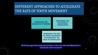 23
DIFFERENT APPROACHES TO ACCELERATE
THE RATE OF TOOTH MOVEMENT
All theories agree that osteoclast activation is the main rate-controlling factor in
orthodontic tooth movement!
INCREASING THE
RELEASE OF CYTOKINES
OPTIMIZING THE
MECHANICAL
STIMULATION
INCREASING THE RATE
OF TOOTH MOVEMENT
BY INCREASING THE
RATE OF OSTEOCLASTS
 