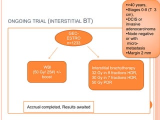 ONGOING TRIAL (INTERSTITIAL BT)
GEC-
ESTRO
n=1233
WBI
(50 Gy/ 25#) +/-
boost
Interstitial brachytherapy
32 Gy in 8 fractions HDR,
30 Gy in 7 fractions HDR,
50 Gy PDR
>40 years,
Stages 0-II (T 3
cm),
DCIS or
invasive
adenocarcinoma
Node negative
or with
micro-
metastasis
Margin 2 mm
Accrual completed, Results awaited
 