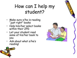 How can I help my student? Make sure s/he is reading “just right” books Help him/her select books within their ZPD Let your student read some of his/her book to you Ask about what s/he’s reading! 