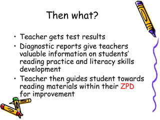Then what? Teacher gets test results Diagnostic reports give teachers valuable information on students’ reading practice and literacy skills development Teacher then guides student towards reading materials within their  ZPD  for improvement 