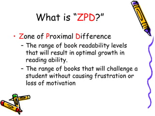 What is “ ZPD ?” <ul><li>Z one of  P roximal  D ifference </li></ul><ul><ul><li>The range of book readability levels that ...