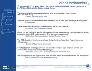 © 2003 by Cap Gemini Ernst & Young U.S. LLC.
All rights reserved. Proprietary and Confidential.
accelerated solutions environment
11
client testimonials
“We have achieved in three days what would have otherwise taken three months --
that’s all I have to say.”
- CEO of a leading global bank
“When we give our people empowerment, leadership and let them go -- we can get anything done.”
- Global CFO
“I never imagined how liberating the environment and process could be.”
- President, The Coca Cola Company
“We did it in half the time, it was fun, it brought our company together and every participant is now an
ambassador for the SAP implementation. This is an enormous success.”
- CFO, Client Executive Sponsor for SAP Testing Phase
“The ASE allowed us to achieve conceptual design four times faster than the previous phase
of this project.”
- Director of Operations, Genentech
“This has been an amazing event when you consider where we were when we came in and
what we have achieved over the last three days.”
- President, Vision Care Division, Fortune 500 Pharmaceutical
“We accomplished in two days what we have not been able to accomplish over the last ten months.”
- VP eCommerce, Global Wireless Company
“Transformation” is a word our clients use to describe both their experience in
the ASE and the results they achieve there.
 