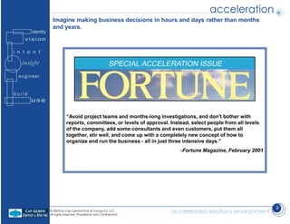 © 2003 by Cap Gemini Ernst & Young U.S. LLC.
All rights reserved. Proprietary and Confidential.
accelerated solutions environment
2
acceleration
“Avoid project teams and months-long investigations, and don't bother with
reports, committees, or levels of approval. Instead, select people from all levels
of the company, add some consultants and even customers, put them all
together, stir well, and come up with a completely new concept of how to
organize and run the business - all in just three intensive days.”
-Fortune Magazine, February 2001
Imagine making business decisions in hours and days rather than months
and years.
 