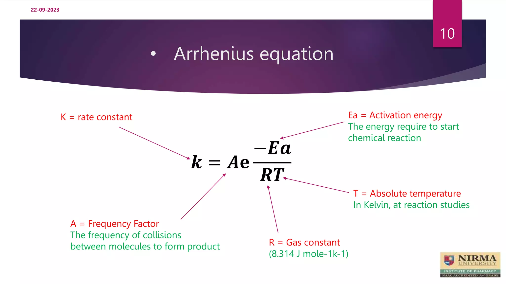 • Arrhenius equation
22-09-2023
10
𝒌 = 𝑨ⅇ
−𝑬𝒂
𝑹𝑻
K = rate constant Ea = Activation energy
The energy require to start
chemical reaction
T = Absolute temperature
In Kelvin, at reaction studies
R = Gas constant
(8.314 J mole-1k-1)
A = Frequency Factor
The frequency of collisions
between molecules to form product
 