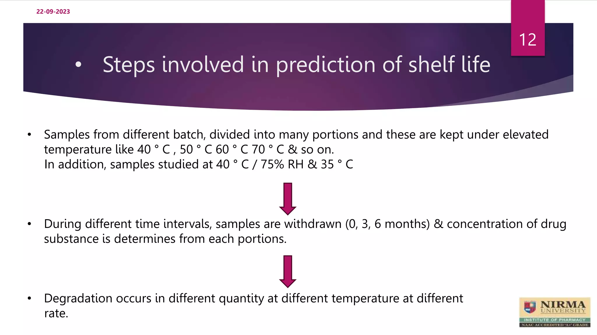 • Steps involved in prediction of shelf life
22-09-2023
12
• Samples from different batch, divided into many portions and these are kept under elevated
temperature like 40 ° C , 50 ° C 60 ° C 70 ° C & so on.
In addition, samples studied at 40 ° C / 75% RH & 35 ° C
• During different time intervals, samples are withdrawn (0, 3, 6 months) & concentration of drug
substance is determines from each portions.
• Degradation occurs in different quantity at different temperature at different
rate.
 