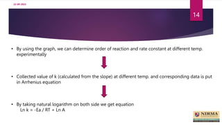 22-09-2023
14
• By using the graph, we can determine order of reaction and rate constant at different temp.
experimentally
• Collected value of k (calculated from the slope) at different temp. and corresponding data is put
in Arrhenius equation
• By taking natural logarithm on both side we get equation
Ln k = -Ea / RT + Ln A
 