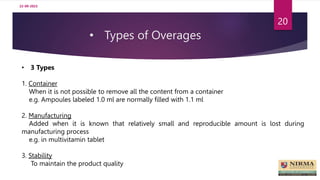 • Types of Overages
22-09-2023
20
• 3 Types
1. Container
When it is not possible to remove all the content from a container
e.g. Ampoules labeled 1.0 ml are normally filled with 1.1 ml
2. Manufacturing
Added when it is known that relatively small and reproducible amount is lost during
manufacturing process
e.g. in multivitamin tablet
3. Stability
To maintain the product quality
 