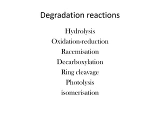 Hydrolysis
Oxidation-reduction
Racemisation
Decarboxylation
Ring cleavage
Photolysis
isomerisation
Degradation reactions
 