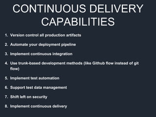 CONTINUOUS DELIVERY
CAPABILITIES
1. Version control all production artifacts
2. Automate your deployment pipeline
3. Implement continuous integration
4. Use trunk-based development methods (like Github flow instead of git
flow)
5. Implement test automation
6. Support test data management
7. Shift left on security
8. Implement continuous delivery
 
