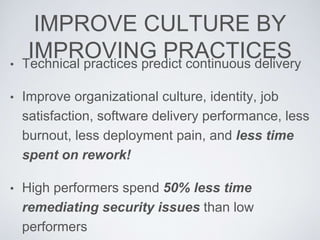 IMPROVE CULTURE BY
IMPROVING PRACTICES• Technical practices predict continuous delivery
• Improve organizational culture, identity, job
satisfaction, software delivery performance, less
burnout, less deployment pain, and less time
spent on rework!
• High performers spend 50% less time
remediating security issues than low
performers
 
