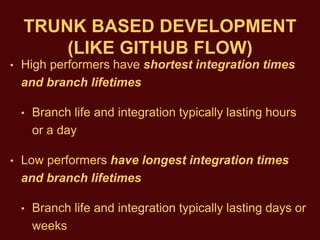 TRUNK BASED DEVELOPMENT
(LIKE GITHUB FLOW)
• ​High performers have shortest integration times
and branch lifetimes
• Branch life and integration typically lasting hours
or a day
• Low performers have longest integration times
and branch lifetimes
• Branch life and integration typically lasting days or
weeks
 