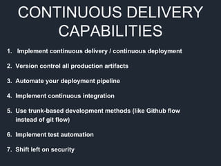 CONTINUOUS DELIVERY
CAPABILITIES
1. Implement continuous delivery / continuous deployment
2. Version control all production artifacts
3. Automate your deployment pipeline
4. Implement continuous integration
5. Use trunk-based development methods (like Github flow
instead of git flow)
6. Implement test automation
7. Shift left on security
 