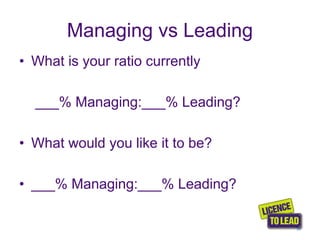 Managing vs Leading
• What is your ratio currently
___% Managing:___% Leading?
• What would you like it to be?
• ___% Managing:___% Leading?
34
 