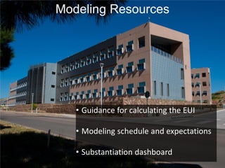 • Guidance for calculating the EUI
• Modeling schedule and expectations
• Substantiation dashboard
NREL/17833
Modeling Resources
 