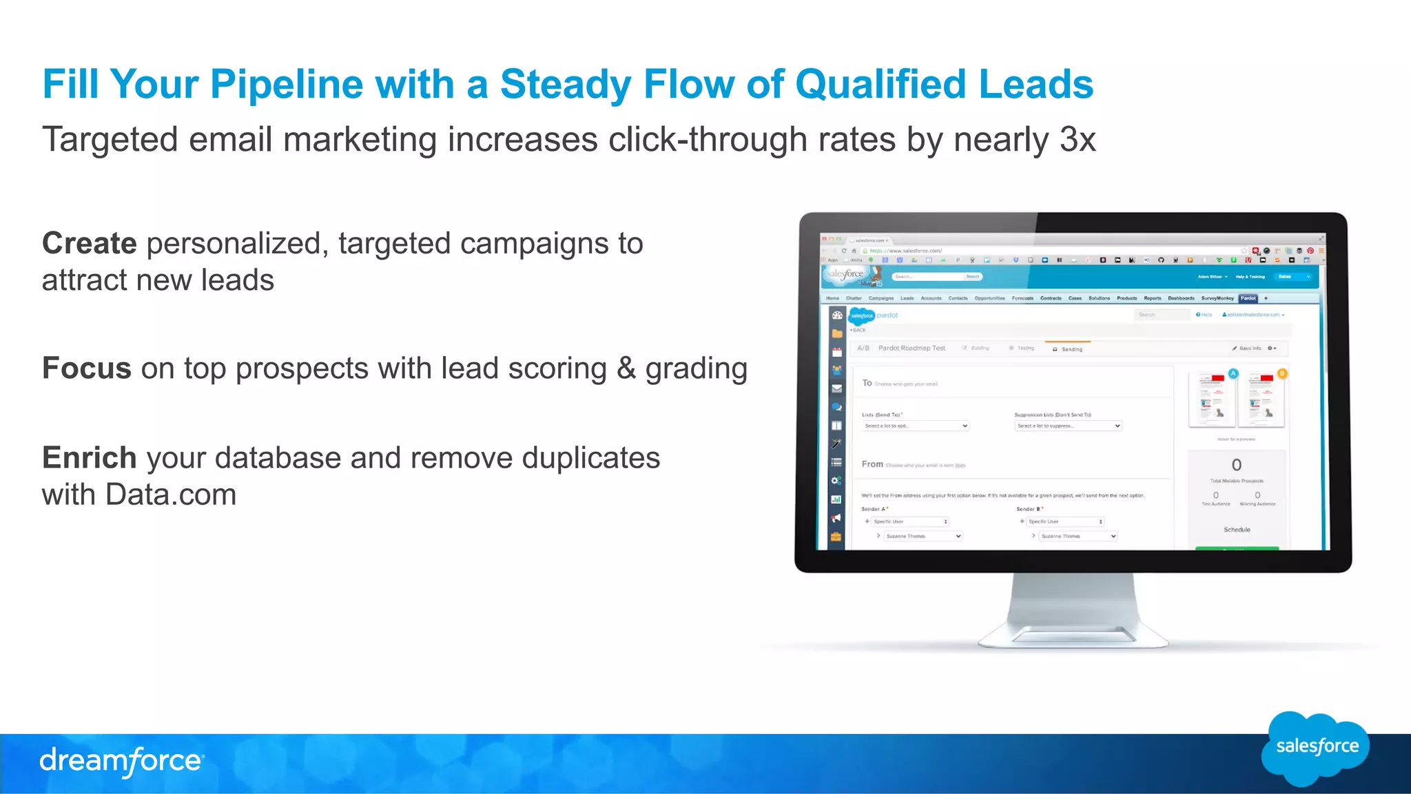 Fill Your Pipeline with a Steady Flow of Qualified Leads 
Targeted email marketing increases click-through rates by nearly 3x 
Create personalized, targeted campaigns to 
attract new leads 
Focus on top prospects with lead scoring & grading 
Enrich your database and remove duplicates 
with Data.com 
 