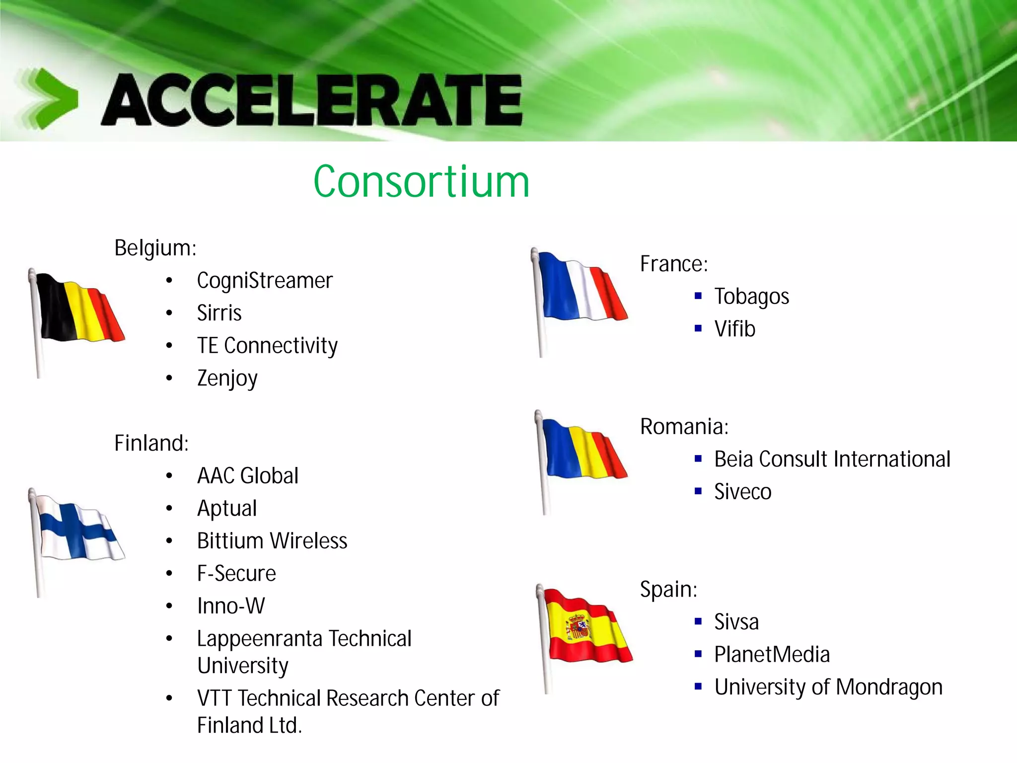 Consortium
Belgium:
• CogniStreamer
• Sirris
• TE Connectivity
• Zenjoy
Finland:
• AAC Global
• Aptual
• Bittium Wireless
• F-Secure
• Inno-W
• Lappeenranta Technical
University
• VTT Technical Research Center of
Finland Ltd.
France:
Tobagos
Vifib
Romania:
Beia Consult International
Siveco
Spain:
Sivsa
PlanetMedia
University of Mondragon