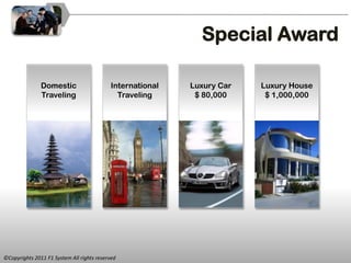 Special Award

               Domestic                     International   Luxury Car   Luxury House
               Traveling                      Traveling      $ 80,000     $ 1,000,000




©Copyrights 2011 F1 System All rights reserved
 