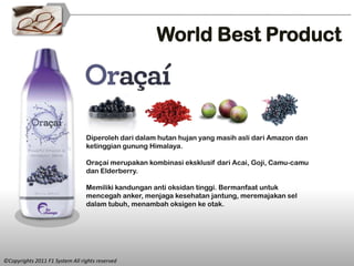 World Best Product




                                 Diperoleh dari dalam hutan hujan yang masih asli dari Amazon dan
                                 ketinggian gunung Himalaya.

                                 Oraçaí merupakan kombinasi eksklusif dari Acai, Goji, Camu-camu
                                 dan Elderberry.

                                 Memiliki kandungan anti oksidan tinggi. Bermanfaat untuk
                                 mencegah anker, menjaga kesehatan jantung, meremajakan sel
                                 dalam tubuh, menambah oksigen ke otak.




©Copyrights 2011 F1 System All rights reserved
 
