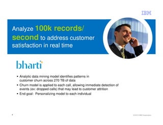 Analyze 100k               records/
second to address customer
satisfaction in real time




    Analytic data mining model identifies patterns in
    customer churn across 270 TB of data
    Churn model is applied to each call, allowing immediate detection of
    events (ex: dropped calls) that may lead to customer attrition
    End goal: Personalizing model to each individual




4                                                                          © 2012 IBM Corporation
 